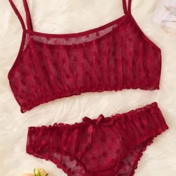 Red Polka Dot Lingerie Set • Mesh Bikini Style Lingerie Outfit - Picture 7 of 11